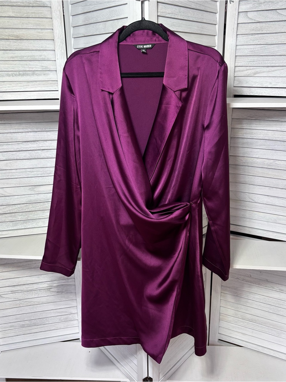Steve Madden Satin Wrap Dress XL Magenta Purple Long Sleeve Mini Dress